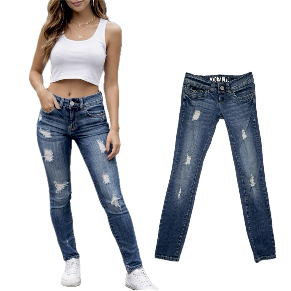 Hydraulic Jeans Distressed Ultra Super Skinny Low Rise Juniors 1/2 Blue
